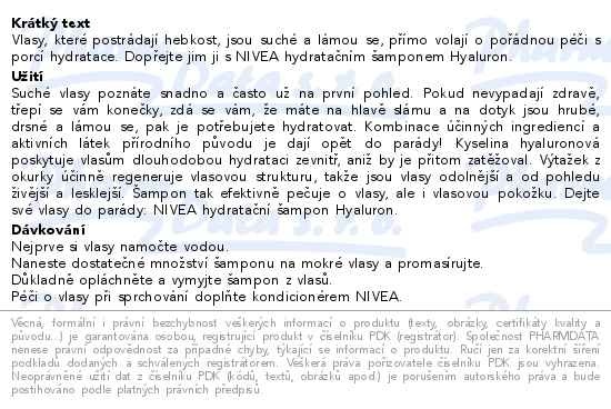 Příbalový leták - NIVEA Hydratační šampon Hyaluron 250ml