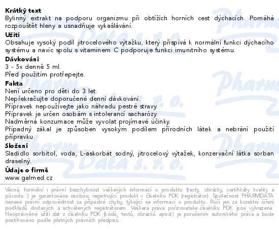 Příbalový leták - Sirup jitrocelový s vit.C bez cukru 300g Galmed