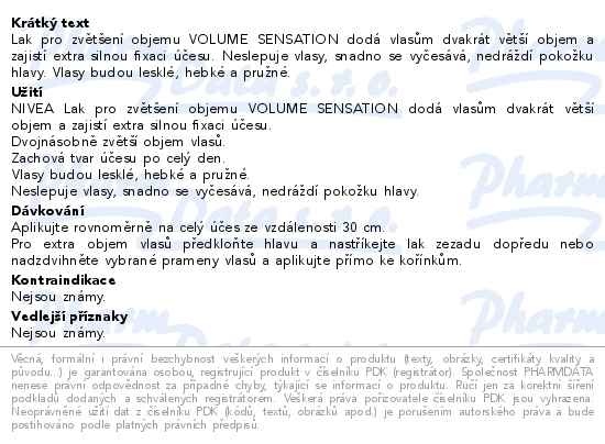 Příbalový leták - NIVEA Lak na vlasy Volume & Hold 250ml