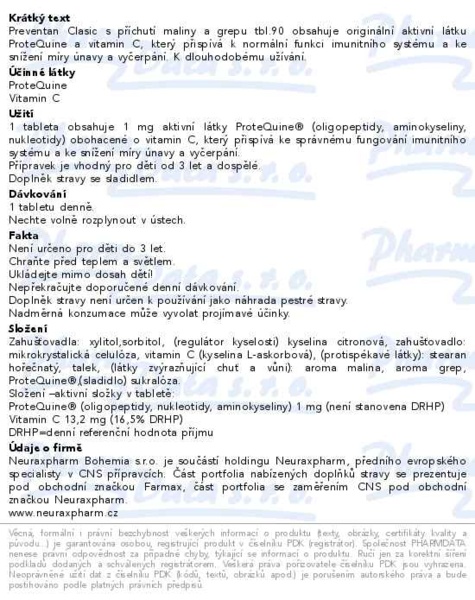 Příbalový leták - Preventan Clasic s příchutí maliny a grepu 90 tablet