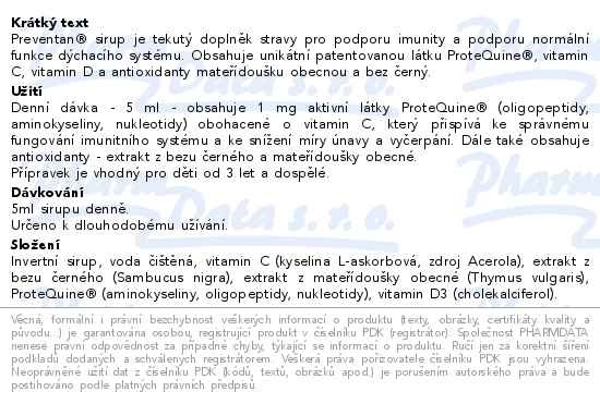 Příbalový leták - Preventan Clasic Junior Sirup 250ml
