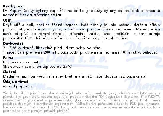 Příbalový leták - Dr.Popov Dětský bylinný čaj Šťastné bříško 20x1.5g