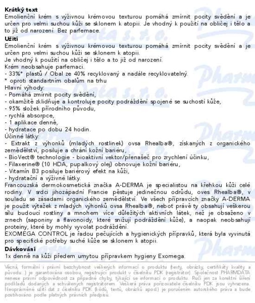 Příbalový leták - A-DERMA Exomega CONTROL Emolienční krém 200ml