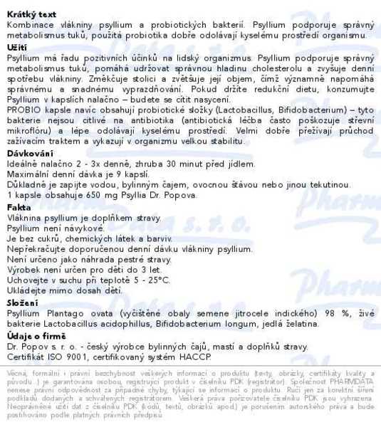 Příbalový leták - Dr.Popov Psyllium PROBIO 240 kapslí