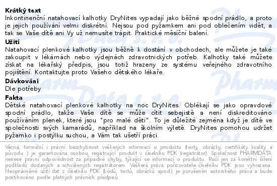 Příbalový leták - DryNites natahovací kalhotky pro dívky +13 let JUMBO BOX 11x3