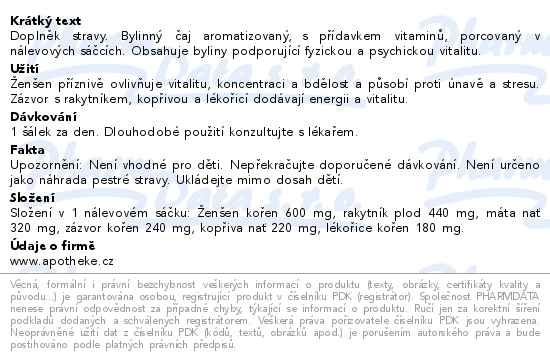 Příbalový leták - Apotheke Premier Ženšen čaj vitalita+energie 20x2g