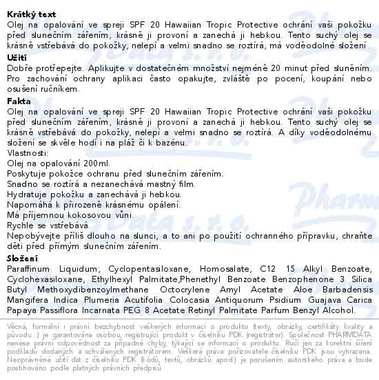 Příbalový leták - Hawaiian Tropic Glowing dry spray oil SPF20 200ml