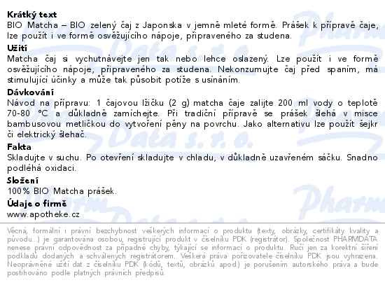 Příbalový leták - Apotheke Matcha Japan BIO 80g