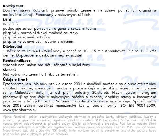 Příbalový leták - Kotvičník čaj porcovaný 20x1g Fytopharma