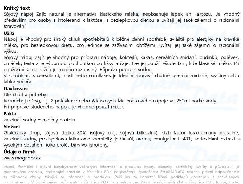 Příbalový leták - Sójový nápoj Zajíc natural 400g