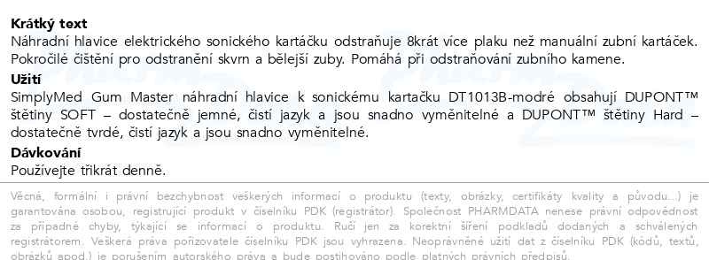 Příbalový leták - SimplyMed náhradní hlavice k sonickému kartáčku 2ks DT1013B-modré