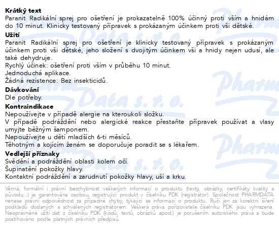 Příbalový leták - Paranit Radikální sprej 100ml+hřeben