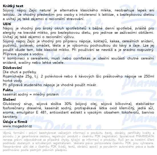 Příbalový leták - Sójový nápoj Zajíc natural 400g