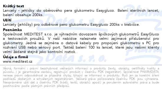 Příbalový leták - Lancety pro pero ke gluk. Easygluco Glucolab 200ks
