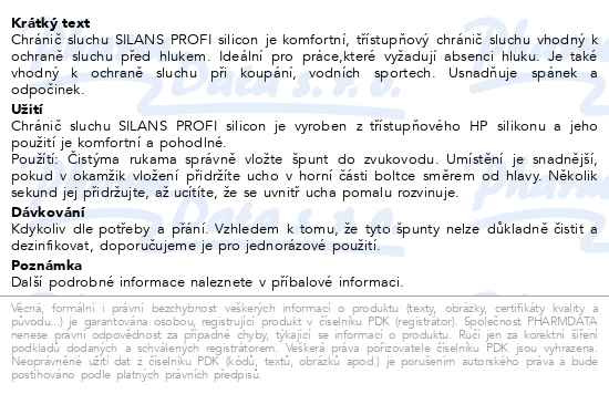 Příbalový leták - Silans hp silicon chránič sluchu PROFI 1pár