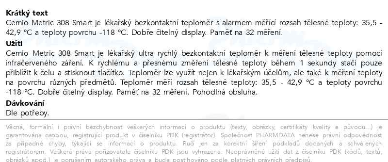 Příbalový leták - Cemio Metric 308 SMART Teploměr bezkontaktní