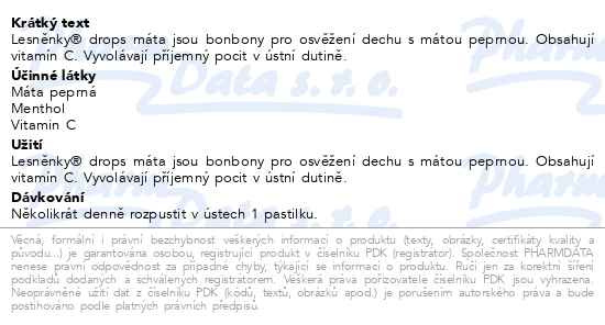 Příbalový leták - Lesněnky drops máta bez cukru 38g Dr.Müller