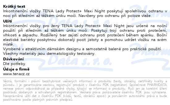Příbalový leták - TENA Lady Maxi Night ink.vložky 6ks 760984
