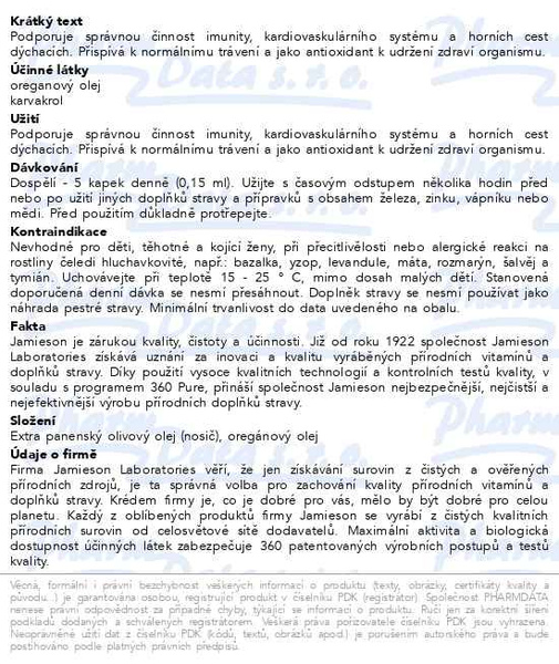 Příbalový leták - JAMIESON Oregánový olej 25ml