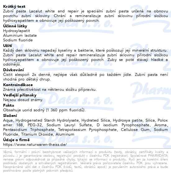 Příbalový leták - Lacalut White & repair zubní pasta 75ml