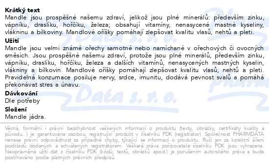 Příbalový leták - Allnature Mandle jádra natural 1000g