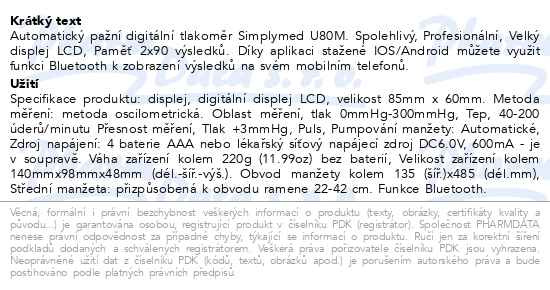 Příbalový leták - SimplyMed Autom. pažní tlakoměr U80M s Bluetooth