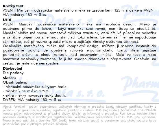 Příbalový leták - Philips AVENT Odsávačka mateřského mléka manuální + VIA 180 ml 5 ks