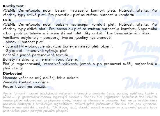 Příbalový leták - AVENE DermAbsolu noční balzám 40ml