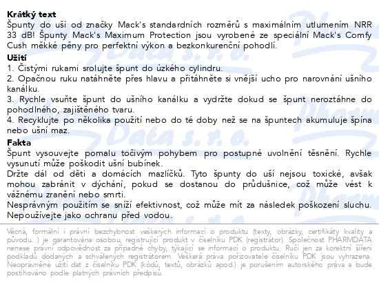 Příbalový leták - Macks Maximum Protection špunty do uší 10 párů