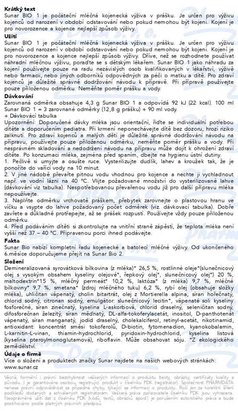 Příbalový leták - Sunar BIO 1,  počáteční kojenecké mléko