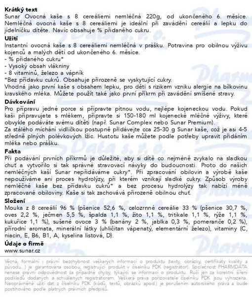 Příbalový leták - Sunar nemléčná ovocná kaše s 8 cereáliemi 220g