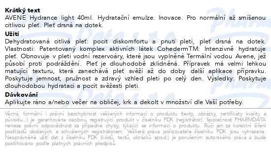 Příbalový leták - AVENE Hydrance Hydratační emulze 40ml