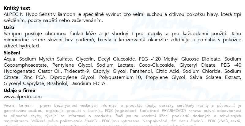 Příbalový leták - ALPECIN Hyposensitiv šampon 250ml
