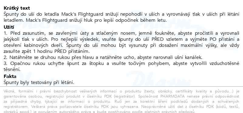 Příbalový leták - Macks Flightguard špunty do uší 1 pár