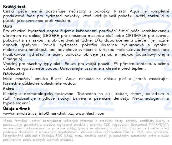 Příbalový leták - RILASTIL Aqua čistící péče 200ml