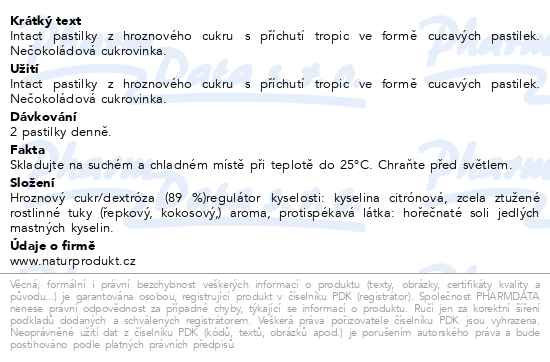 Příbalový leták - Intact hroznový cukr Tropic 17ks