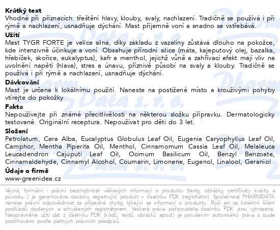 Příbalový leták - Green idea Mast Tygr Forte 10ml
