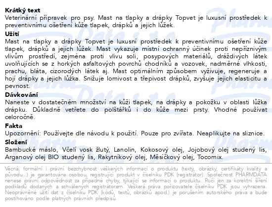 Příbalový leták - Green Idea Mast na tlapky a drápky pro psy 50ml