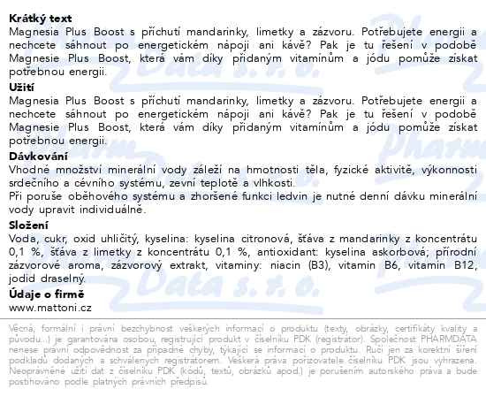 Příbalový leták - Magnesia Plus Boost mandarinka limetka zazvor 0.7l