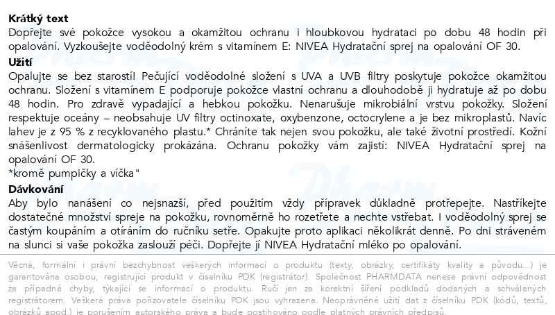 Příbalový leták - NIVEA SUN Sprej na opalování Protect & Moisture SPF 30 200ml