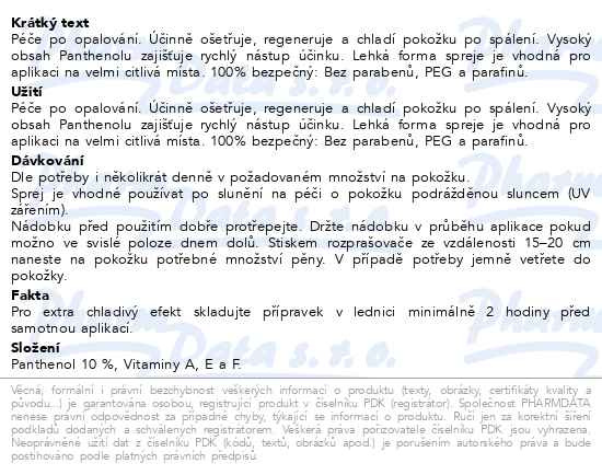Příbalový leták - Panthenol Omega chladivá pěna po opalování ve spreji 10% 200ml