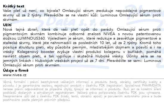 Příbalový leták - NIVEA Omlazující sérum proti pigmentovým skvrnám Luminous630® 30ml