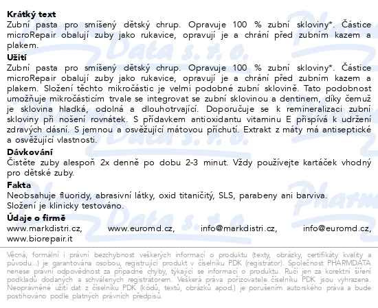 Příbalový leták - Biorepair Junior 6-12 zubní pasta máta 75ml