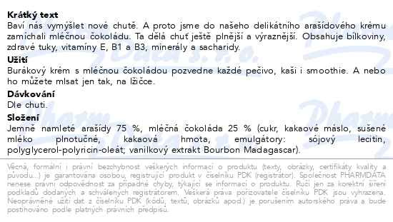 Příbalový leták - Allnature Arašídový krém mléčná čokoláda 260g