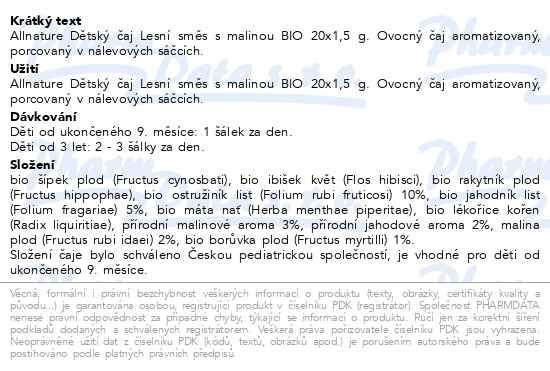 Příbalový leták - Allnature BIO Dětský čaj Lesní směs s malinou 20x1,5 g