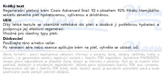 Příbalový leták - COSRX Advanced Snail 92 regenerační krém 100g