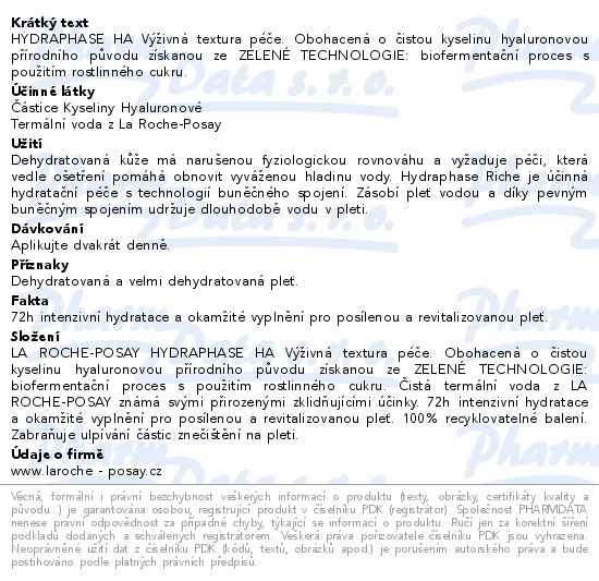 Příbalový leták - LA ROCHE-POSAY HYDRAPHASE HA Výživná textura 50 ml