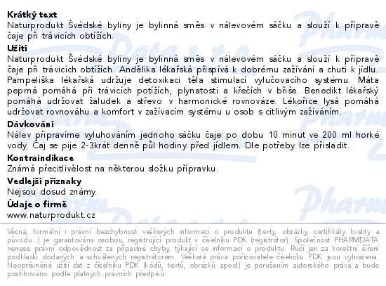 Příbalový leták - Naturprodukt Švédský čaj nálevové sáčky 20x2g