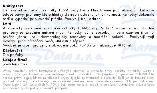 Příbalový leták - TENA Lady Pants Plus Creme M inkontinenční kalhotky 9ks
