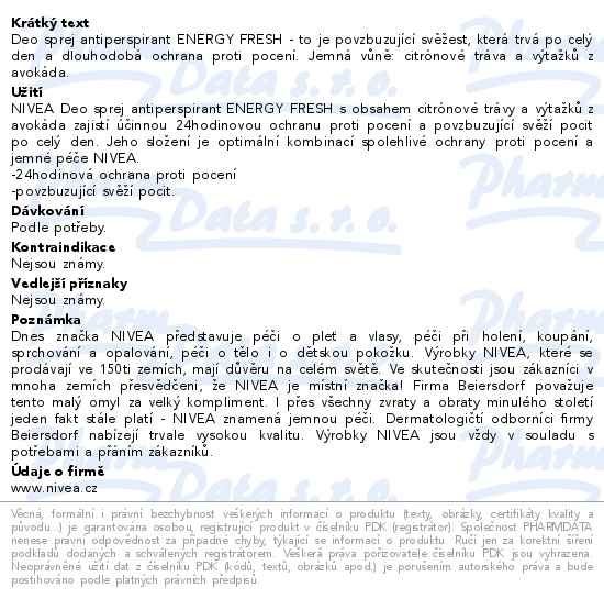 Příbalový leták - NIVEA Sprej antiperspirant Fresh Energy 150ml